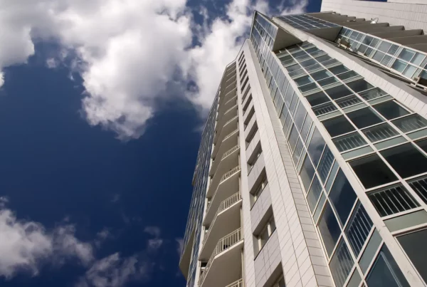 Modern skyscraper with glass balconies